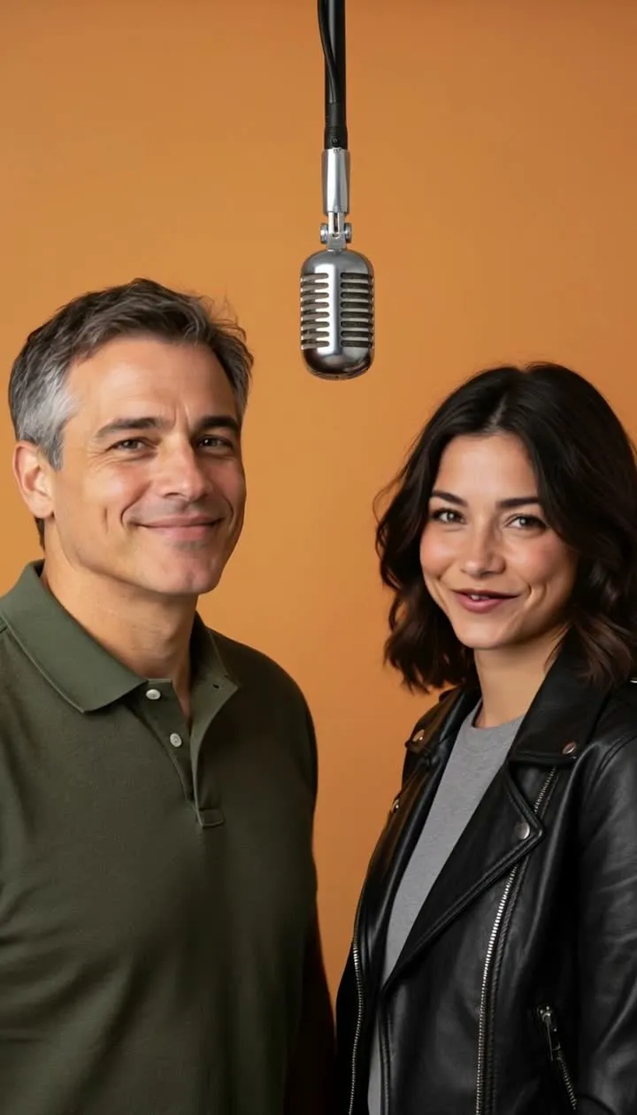 A frame from a real MigosAI example video: a father and his daughter rap together in an orange studio under a hanging microphone