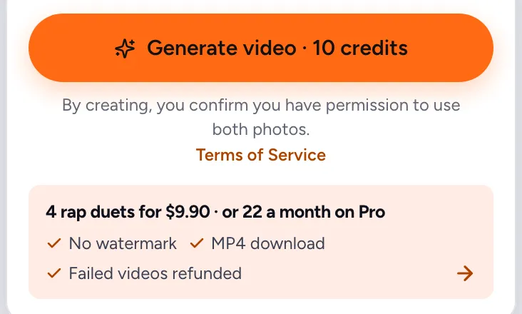 The MigosAI studio on a phone showing a Generate video button that costs 10 credits, a permission notice, and a price strip reading 4 rap duets for $9.90