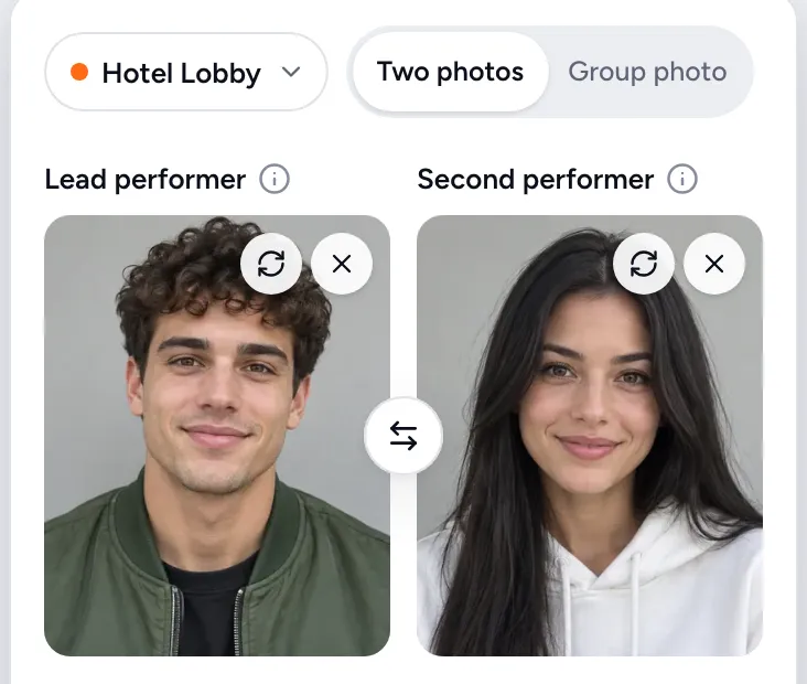 The MigosAI studio on a phone after two portraits are uploaded, with the lead performer in the first slot and the second performer in the second