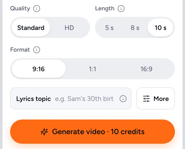 The quality, length and format controls in the MigosAI studio set to Standard, 10 s and 9:16, with the lyrics topic field and a Generate video button showing 10 credits