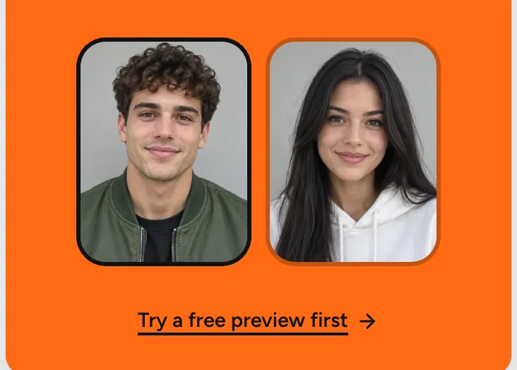Both uploaded faces placed in the orange booth frame of the MigosAI studio, with a Try a free preview first link underneath