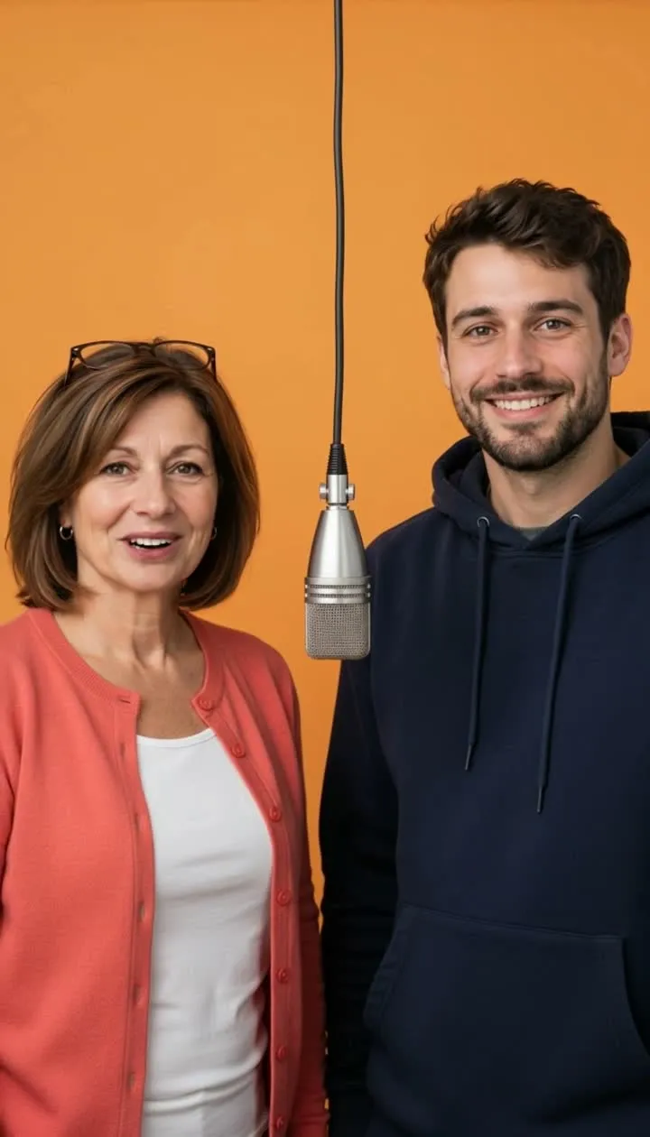 A frame from a real Hotel Lobby AI video made with MigosAI: a mother and her adult son rap together in an orange studio under a hanging microphone