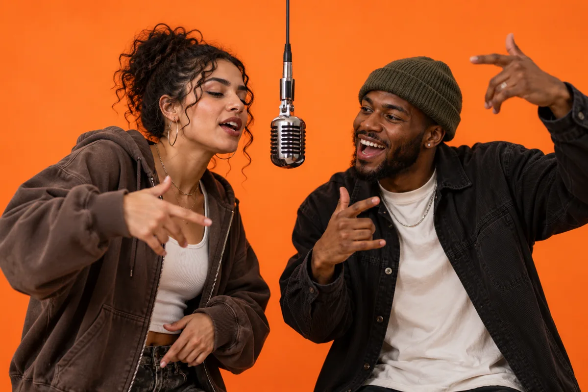A woman and a man rapping together at a hanging studio mic in front of an orange wall, both gesturing and laughing