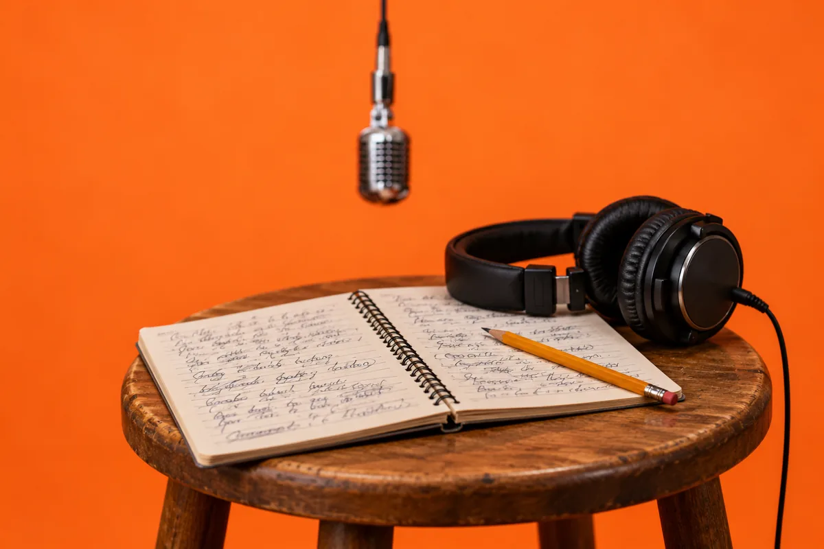 An open notebook of handwritten rap lyrics, a pencil and headphones on a wooden stool in front of a hanging studio mic