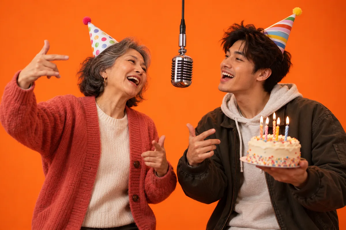 A grandmother and her adult grandson in party hats doing a birthday rap toast, he holds a cake with lit candles