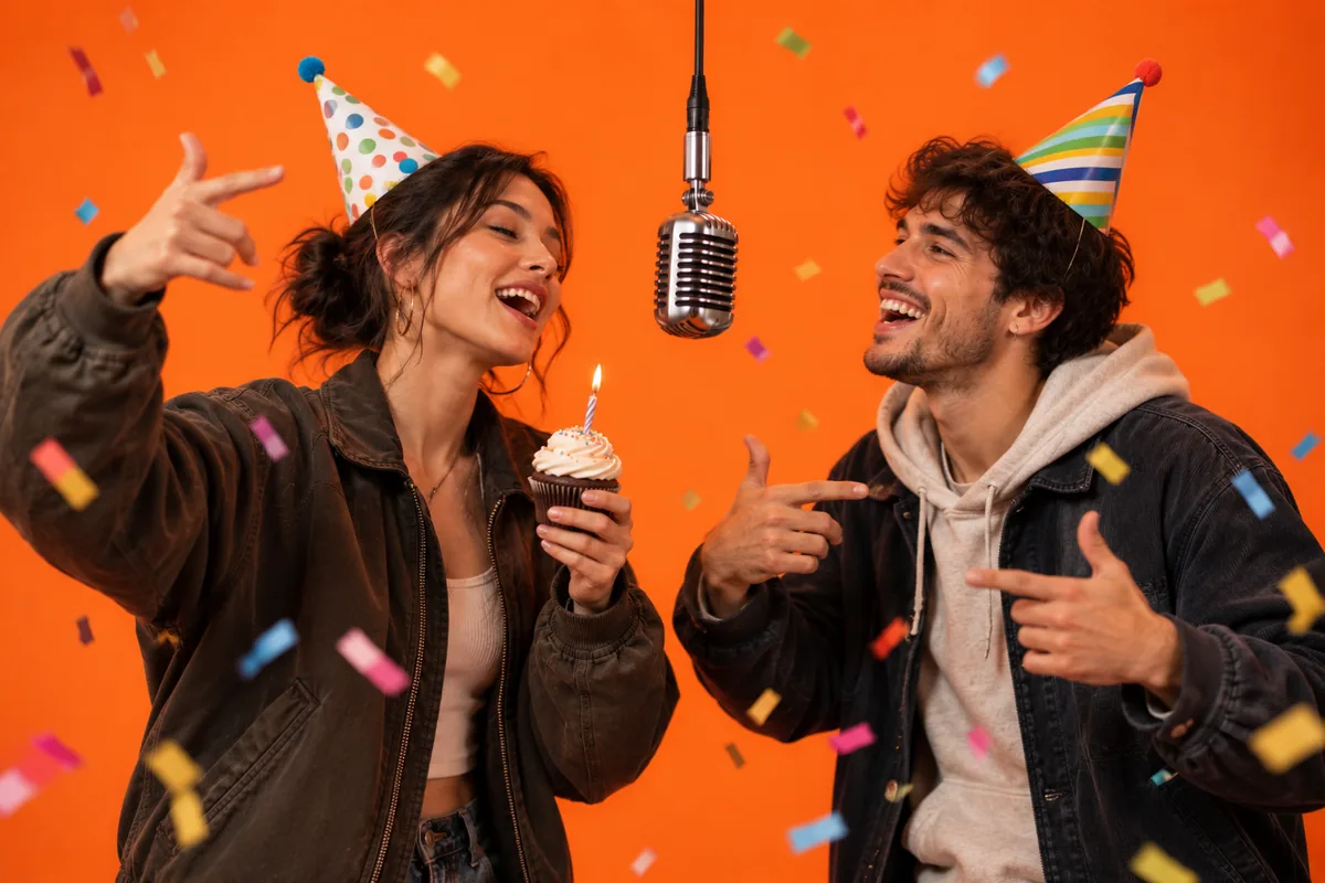 Two friends in party hats rapping at a studio mic, one holding a cupcake with a lit candle as confetti falls