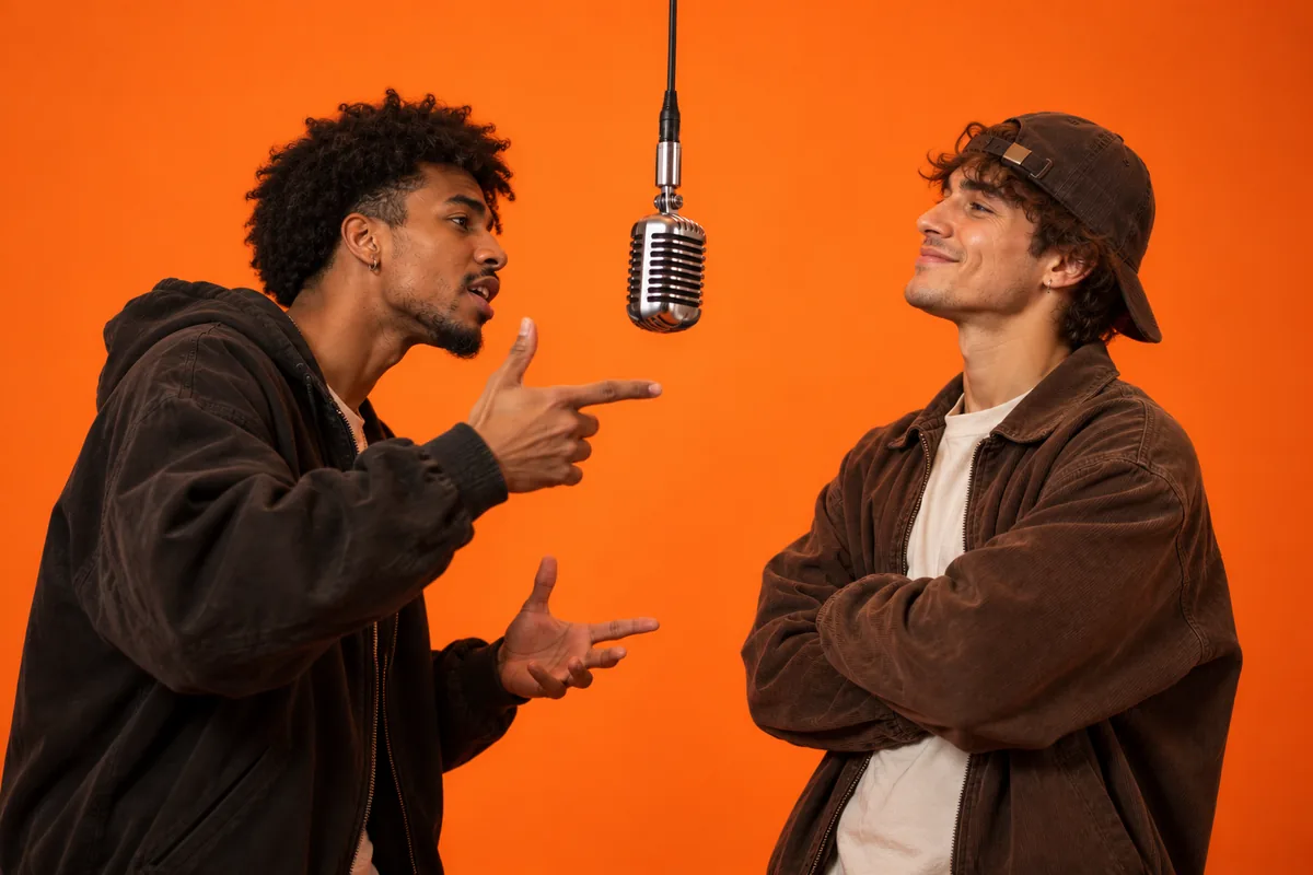 Two friends facing off across a hanging studio mic, one mid-verse and gesturing, the other smirking with arms crossed