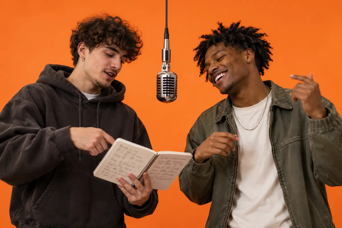 Two friends at a hanging studio mic, one pointing at handwritten rap lyrics in a notebook while the other laughs